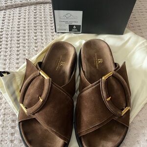 Banana Republic Men's Brown Suede Slide Sandals with Gold Buckle